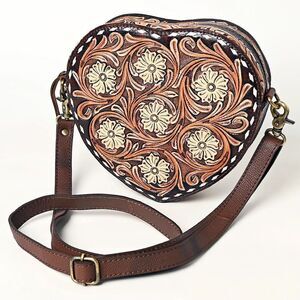 Genuine Western Tooled Leather Heart Canteen Floral Adjustable Purse Women New